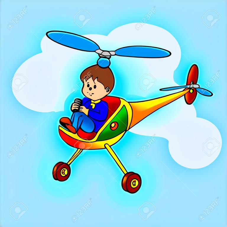 gelukkige jongen vliegen met helikopter