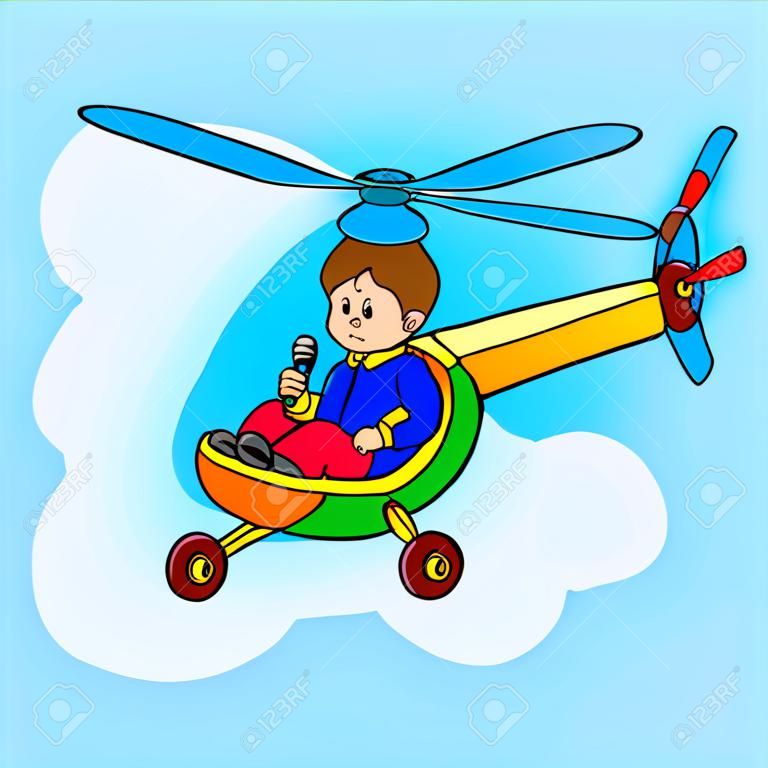 happy boy flying with helicopter