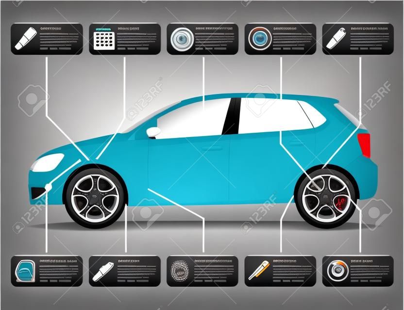 信息圖表模板，汽車和汽車零部件圖標，服務和維修理念