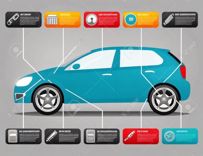 plantilla infografía con los iconos de piezas de automóviles y motos, servicio y concepto de reparación