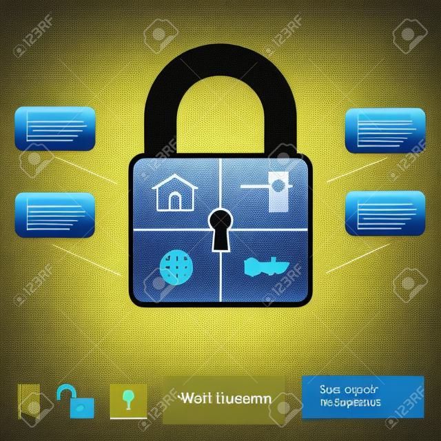 infographic template with lock silhouette and icons, home security concept