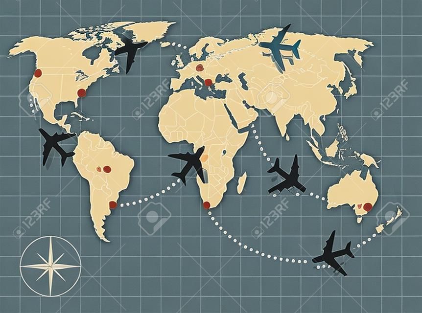 imagem do mapa do mundo com aviões voadores nele