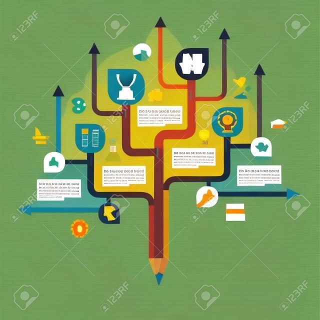 educación plantilla de infografía, árbol del conocimiento, el aprendizaje de las ciencias concepto, imagen abstracta de un árbol formado a partir de lápiz con el conjunto de iconos de la educación y de la ciencia