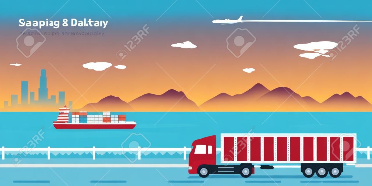 zdjęcie z ciężarówką na drodze, barki w morzu i płaszczyzny w przestrzeni powietrznej z góry i dużej sylwetce miasta na tle koncepcji, transportu i dostawy, styl ilustracji płaskim