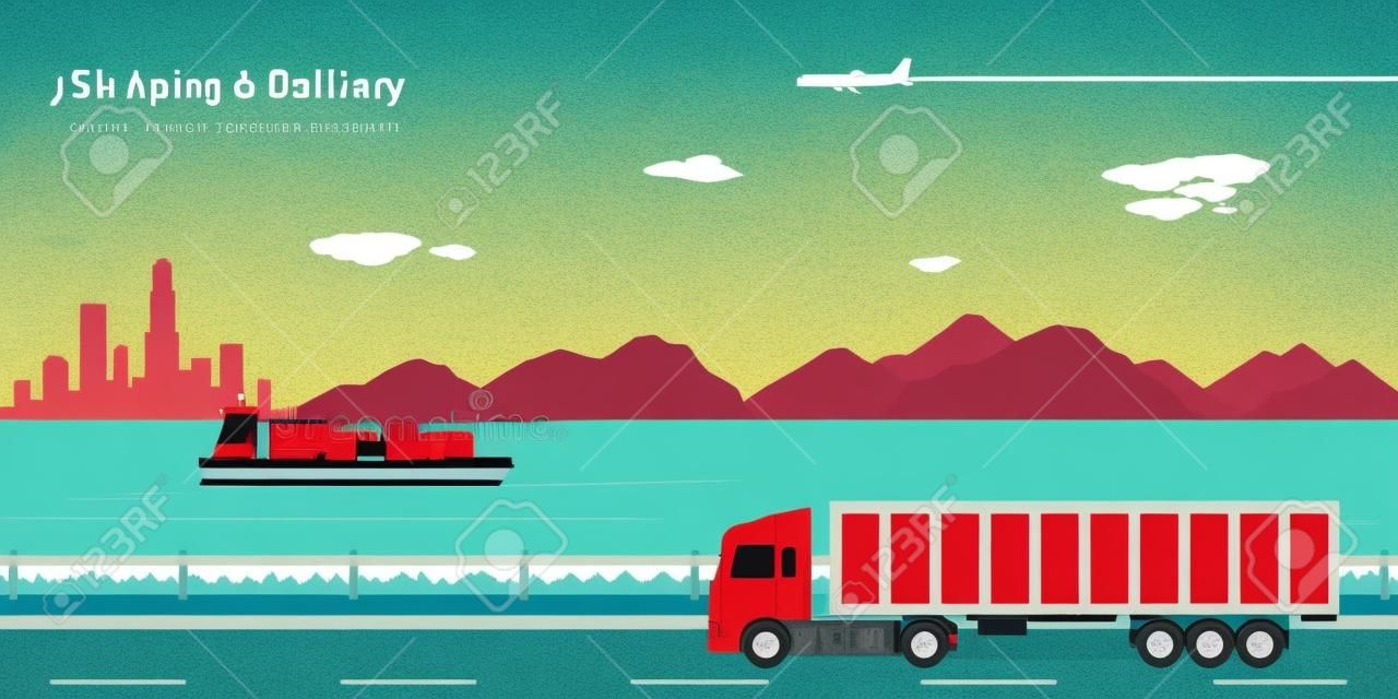 zdjęcie z ciężarówką na drodze, barki w morzu i płaszczyzny w przestrzeni powietrznej z góry i dużej sylwetce miasta na tle koncepcji, transportu i dostawy, styl ilustracji płaskim