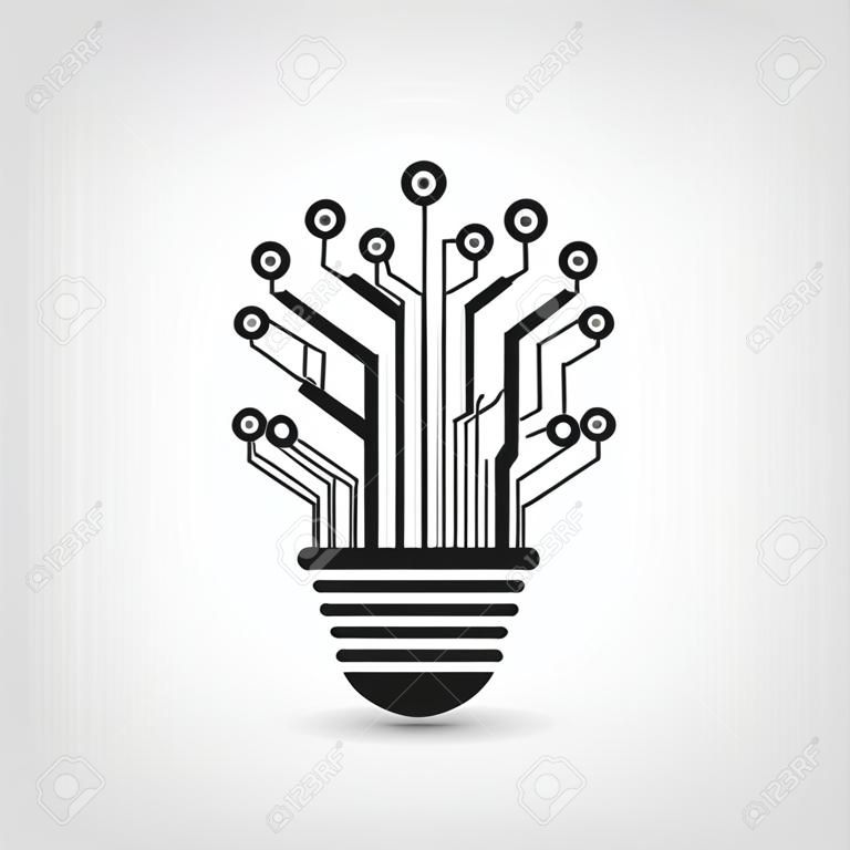 черно-белый силуэт иконка лампочки в виде печатной платы, плоские иллюстрации стиль