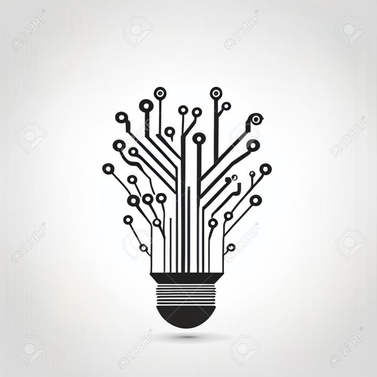 черно-белый силуэт иконка лампочки в виде печатной платы, плоские иллюстрации стиль