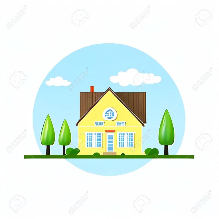 Picture of a family cottage house with trees, real estate, construction industry, flat style illlustration