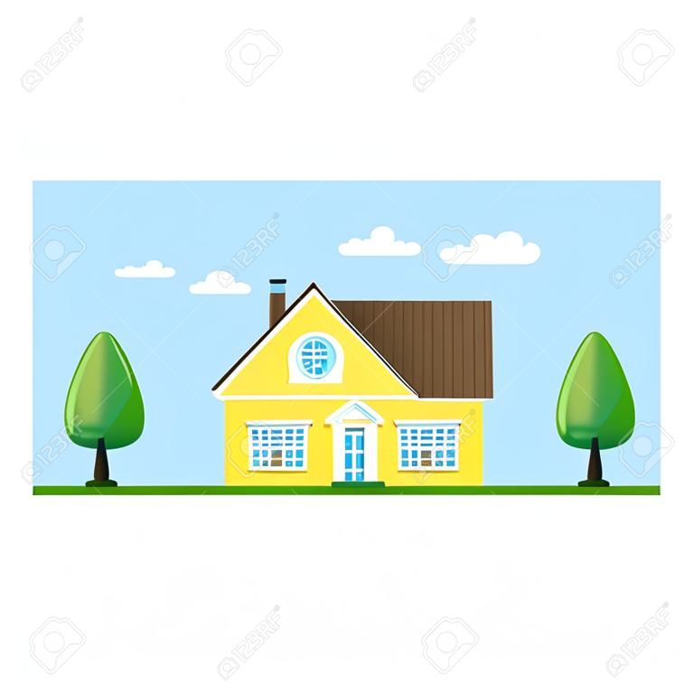 Picture of a family cottage house with trees, real estate, construction industry, flat style illlustration