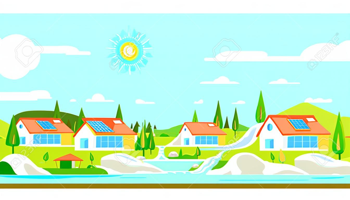 Paisagem de verão com casas ecológicas. Painéis solares e turbinas eólicas. Ilustração de estilo plano. Conceito de energia renovável