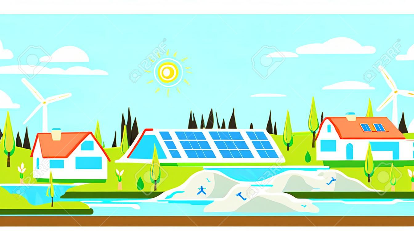 Paisagem de verão com casas ecológicas. Painéis solares e turbinas eólicas. Ilustração de estilo plano. Conceito de energia renovável