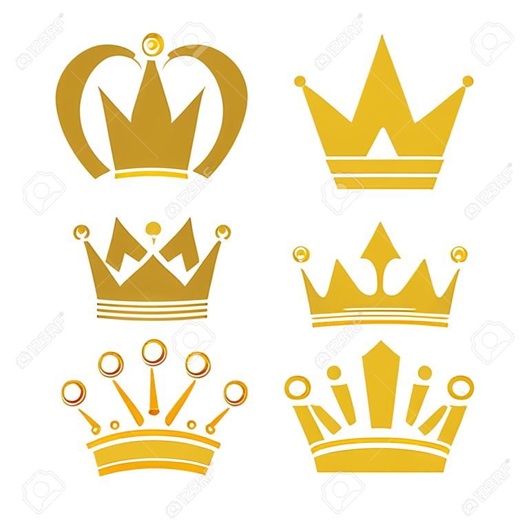 Golden crown symbols set. Luxury or leadership signs. Vector icons collection