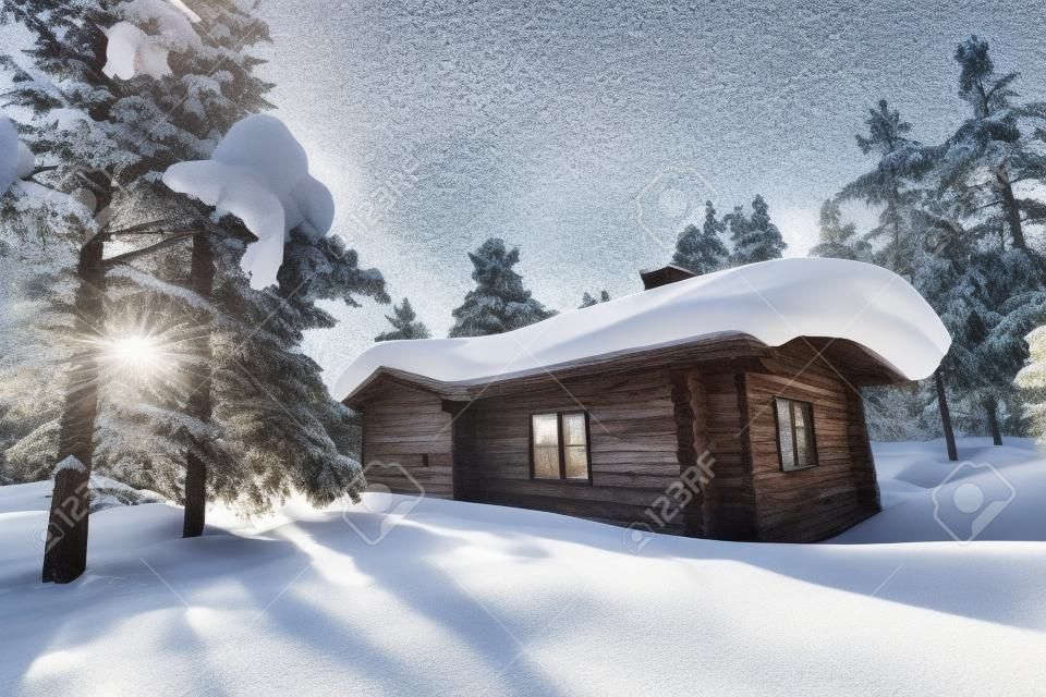Beautiful winter landscape with wooden hut and snow covered trees