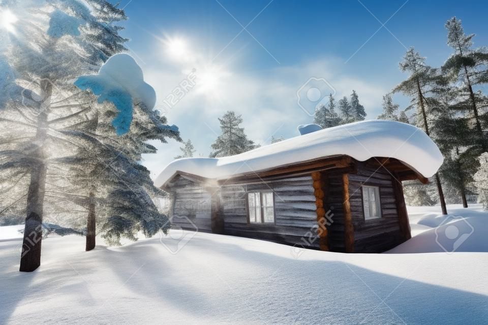 Beautiful winter landscape with wooden hut and snow covered trees