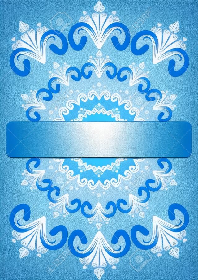 Folklore circular oriented white patterns on blue gradient background with blank area for own text, message, announcement, headline. Cover for photo album, diary