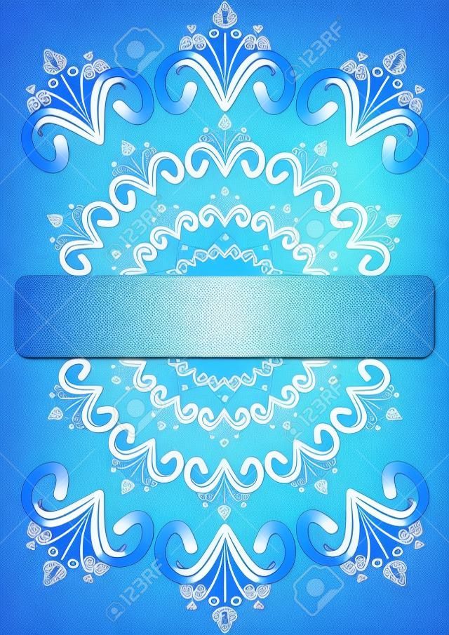 Folklore circular oriented white patterns on blue gradient background with blank area for own text, message, announcement, headline. Cover for photo album, diary