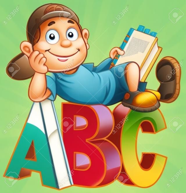 Karikatür çocuk bir kitap tutarak ve ABC alfabe harfleri üzerinde oturan.