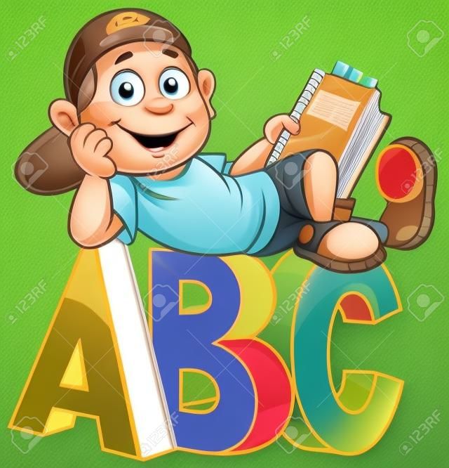 Мультфильм мальчик держит книгу и сидит на ABC буквы алфавита.