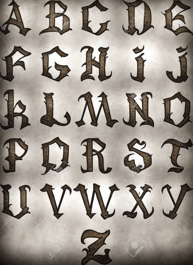 bellas letras del alfabeto gótico aisladas sobre un fondo blanco