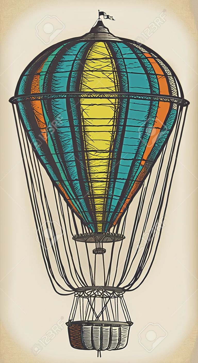 Balão de ar quente colorido retro no fundo bege vintage
