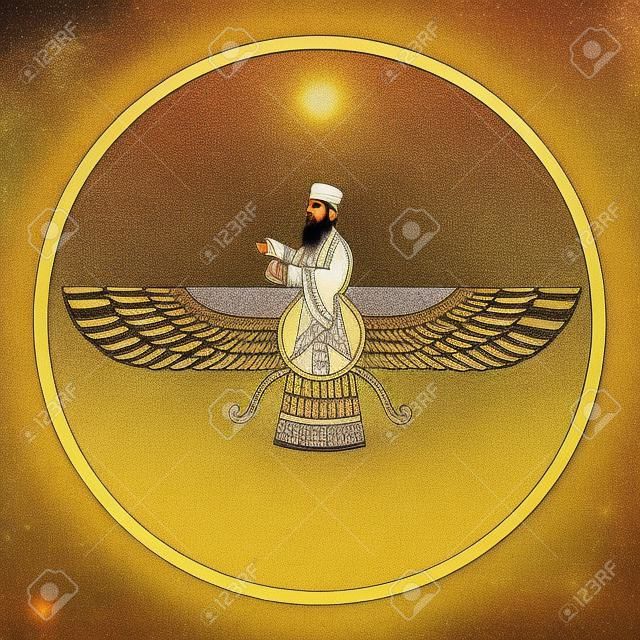 Prophet Zarathustra, Zarathushtra Spitama oder Ashu Zarathushtra – Symbole des Zoroastrismus Farvahar