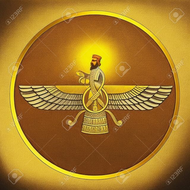 Prophet Zarathustra, Zarathushtra Spitama oder Ashu Zarathushtra – Symbole des Zoroastrismus Farvahar