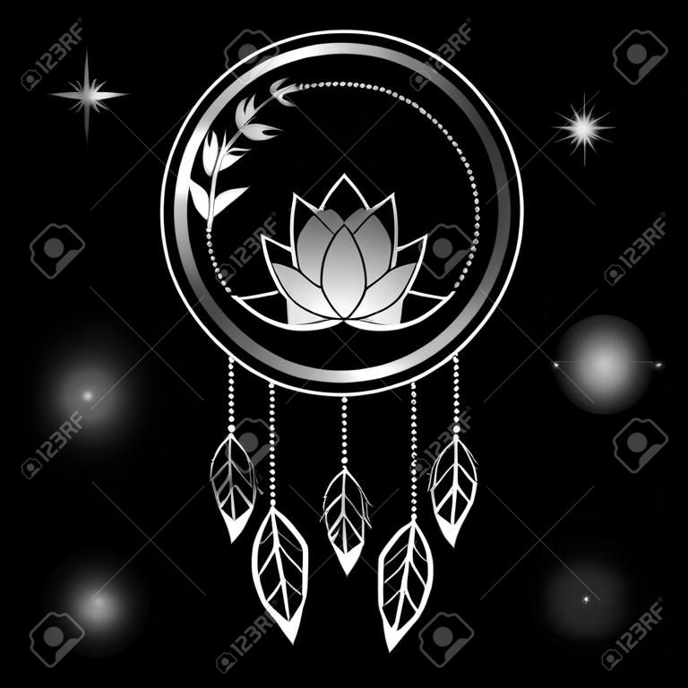 Mystic lotus dream catcher with feathers and foliage in silver