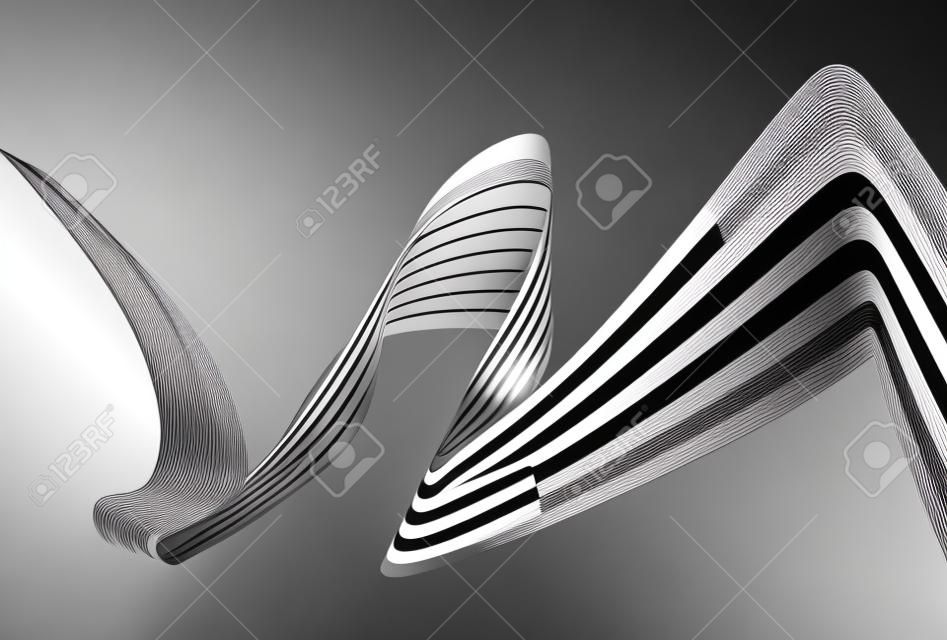 Abstract black and white stripes smoothly bent ribbon geometrical shape isolated on white background