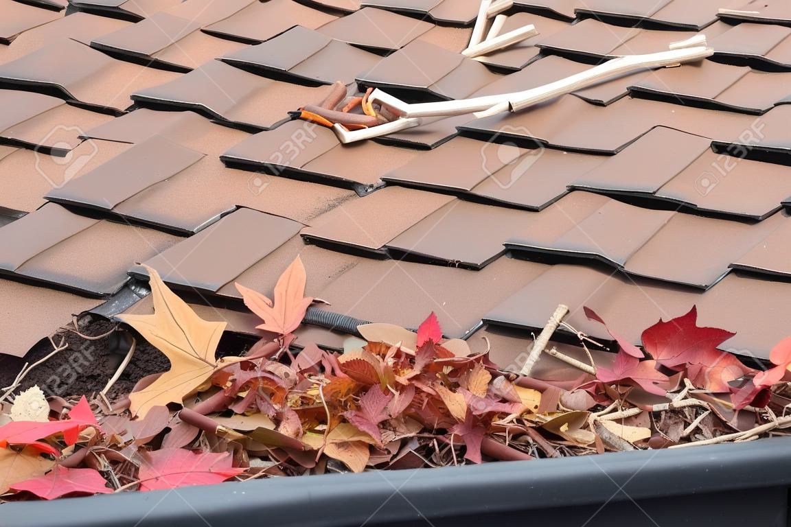 Regengoten op het dak zonder gootbewakers, verstopt met bladeren, stokken en puin van bomen. Verhoogd risico op verstopte goten, roesten, toegenomen behoefte aan onderhoud en is een potentieel brandgevaar