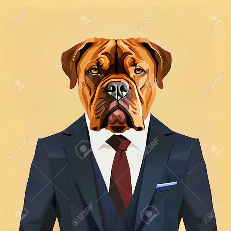 Dogue de Bordeaux dog animal dressed up in navy blue suit with red tie. Business man. Vector illustration.Dogue de Bordeaux dog animal dressed up in navy blue suit with red tie. Business man. Vector illustration.
