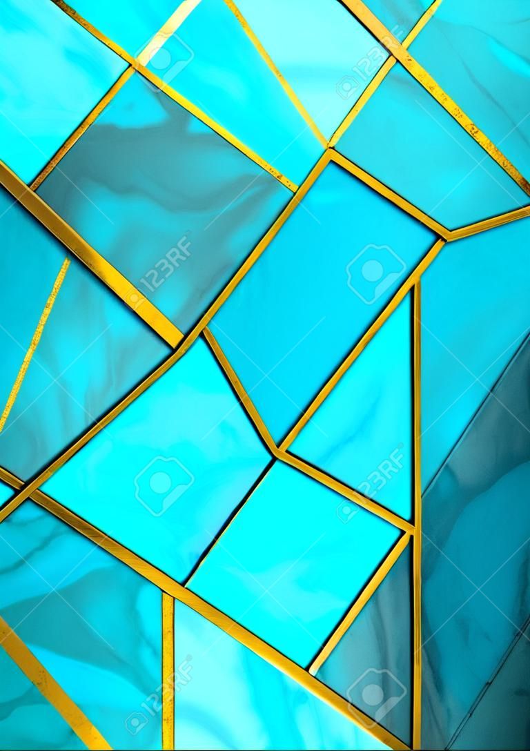 Modern and stylish abstract design poster with golden lines and blue geometric pattern.