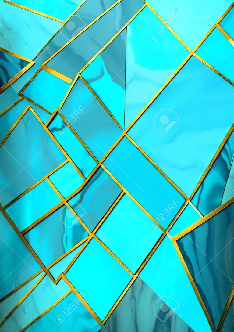 Modern and stylish abstract design poster with golden lines and blue geometric pattern.