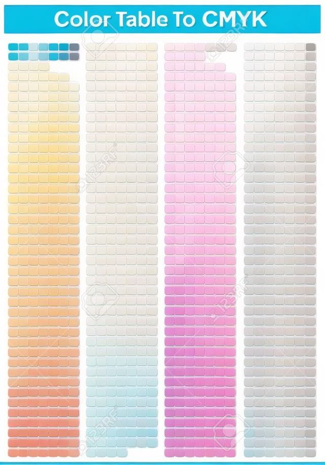 Kleurentabel Pantone naar CMYK. Kleurenprint testpagina. Illustratie CMYK kleuren voor afdruk. Vector kleurenpalet
