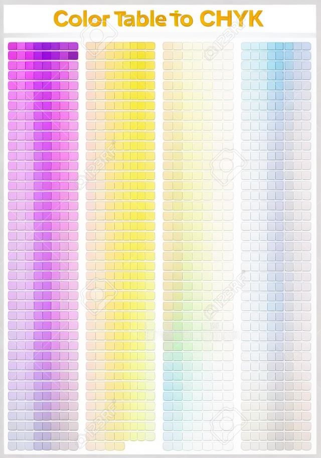 Table des couleurs Pantone à CMYK. Page de test d'impression couleur. Illustration couleurs CMJN pour impression. Palette de couleurs vectorielles