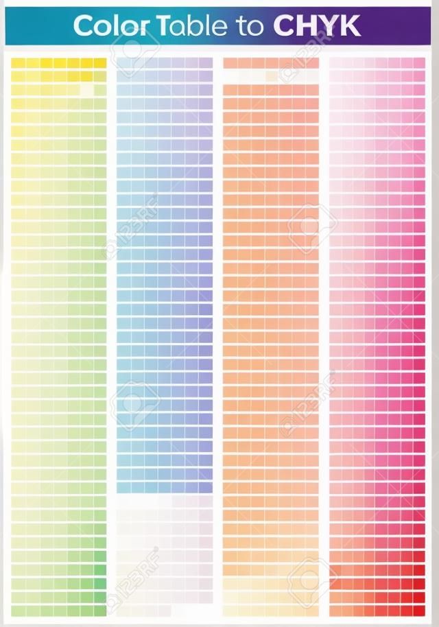 색상 표 Pantone to CMYK. 컬러 인쇄 테스트 페이지. 그림 인쇄용 CMYK 색상입니다. 벡터 색상 팔레트