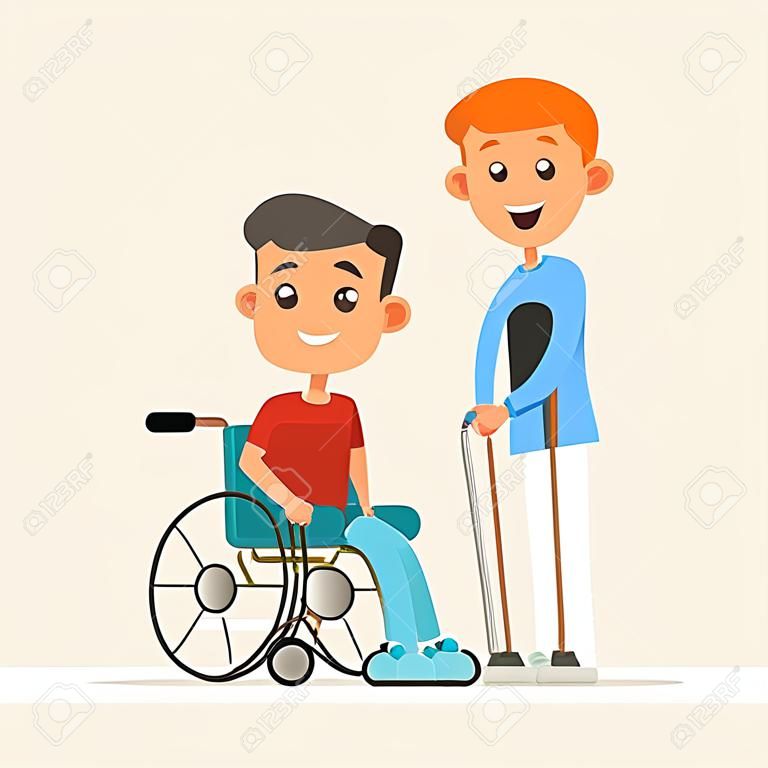 Besondere Bedürfnisse Kinder oder behinderte Kinder. Junge sitzt in einem Rollstuhl. Kind steht mit Krücken. Flacher Charakter lokalisiert auf weißem Hintergrund. Vektor, Abbildung EPS10.