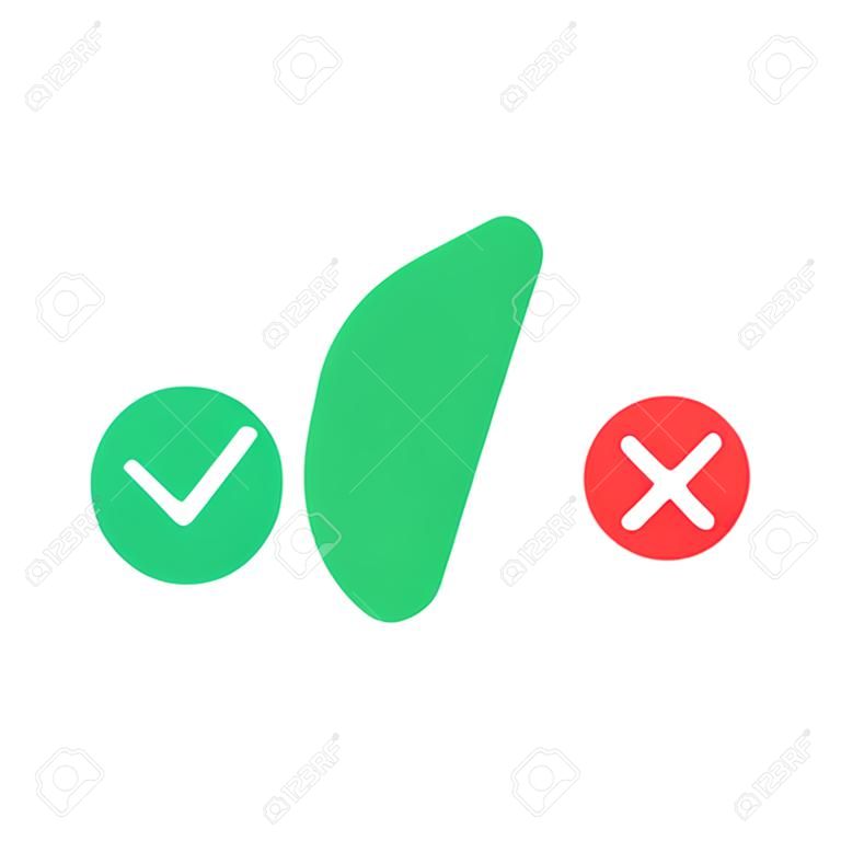 复选标记图标绿色勾平图标矢量插画孤立在白色背景和红色交叉选项