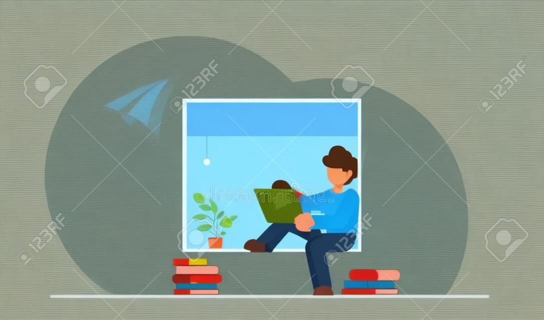 Libero professionista o dipendente durante il lavoro a distanza si siede con il laptop sul davanzale vicino alla finestra. Illustrazione vettoriale piatta moderna.