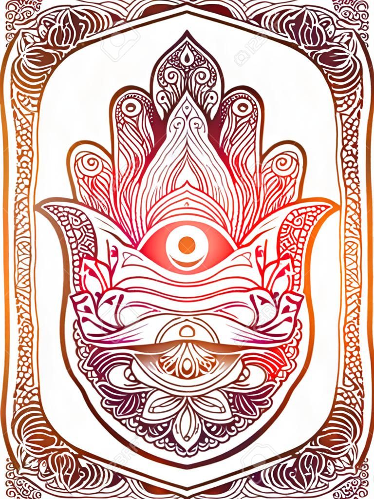 印度Hamsa手手法蒂玛第三眼的好运气的魅力手绘mehendi zentangle boho别致的艺术线条矢量插画深奥的精神民族吉祥物纹身着色T恤设计