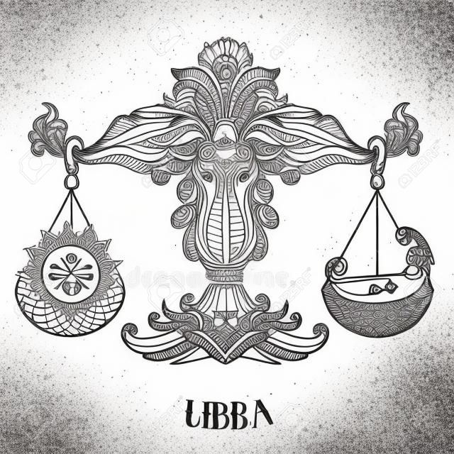 Zodiac sign of Libra or Scales. Line art vector illustration of engraved horoscope symbol. Doodle mystic drawing and hand drawn astrology sketch with calligraphy lettering
