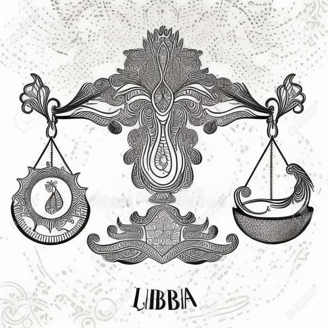 Zodiac sign of Libra or Scales. Line art vector illustration of engraved horoscope symbol. Doodle mystic drawing and hand drawn astrology sketch with calligraphy lettering