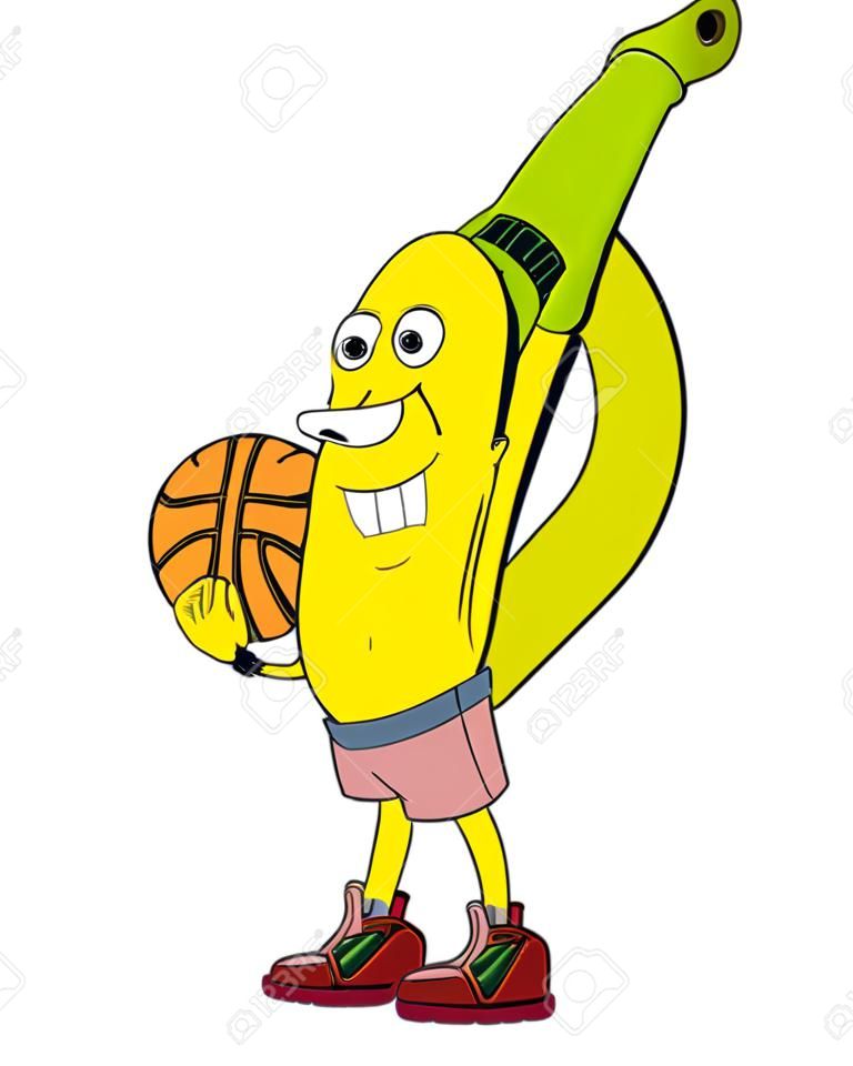 Banana is engaged in sports. Banana with basketball Vector illustration
