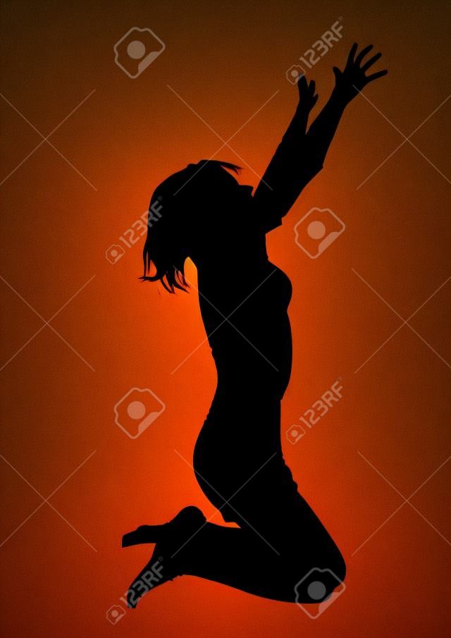 Silhouette of a lonely woman kneeling on the floor and asking for help and praying, arms up