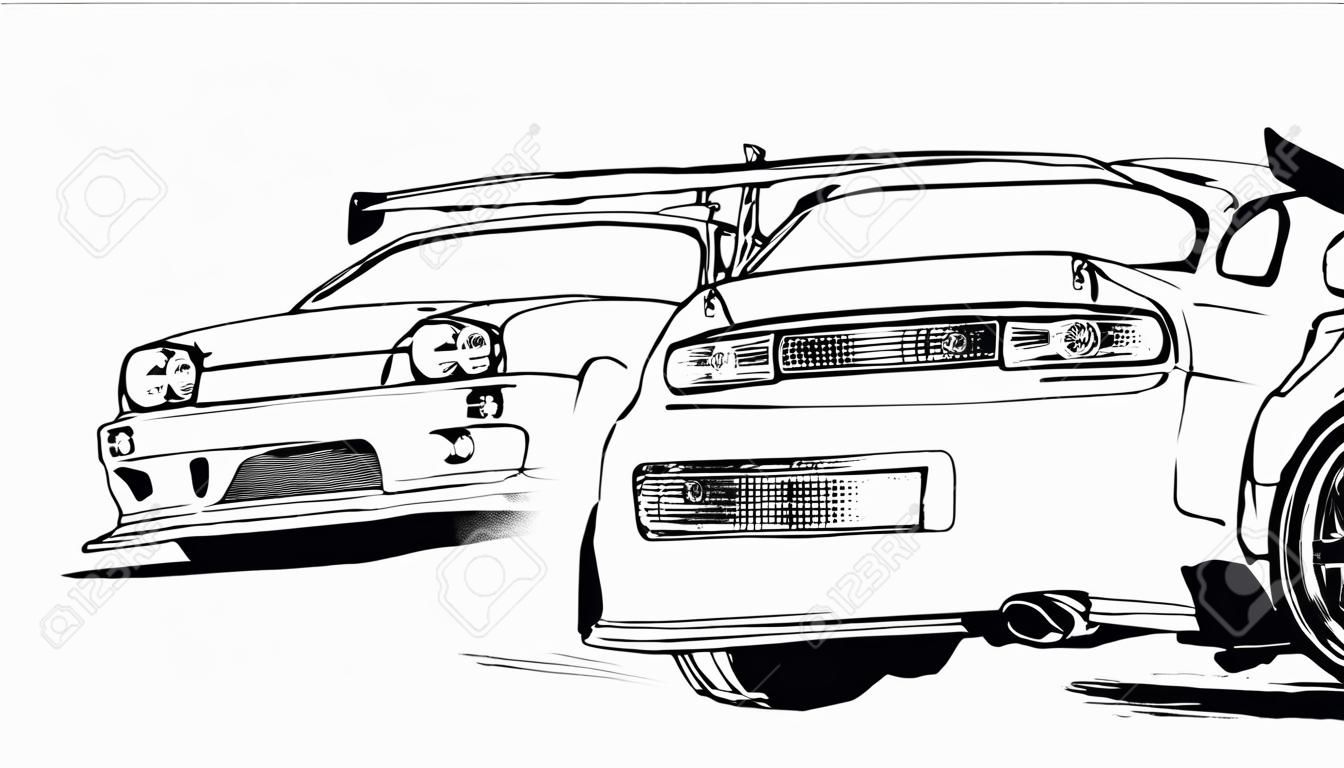 Vector black and white image of tuned racing cars for street racing and drift