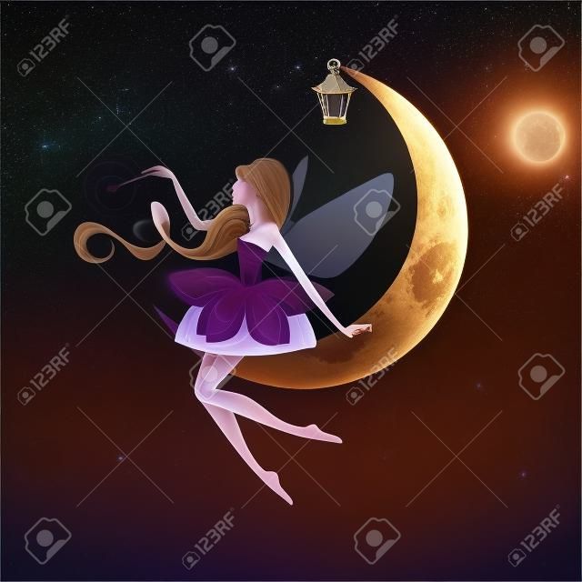 Retrato de uma menina bonita em uma lua