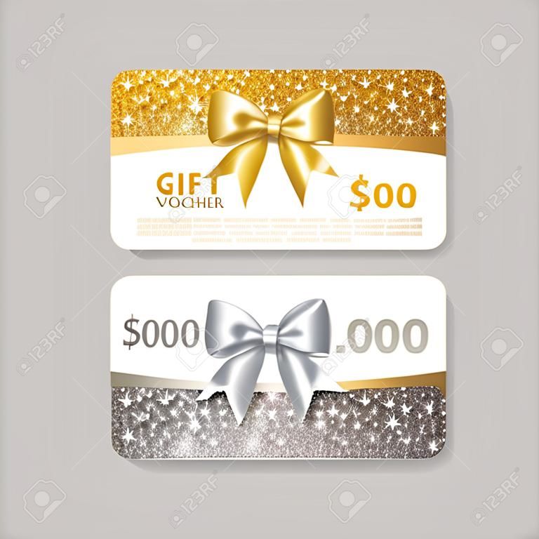 Gift Voucher Design with Glitter Texture of spangle and  Bow. Gift card  Design, Certificate for Shopping.