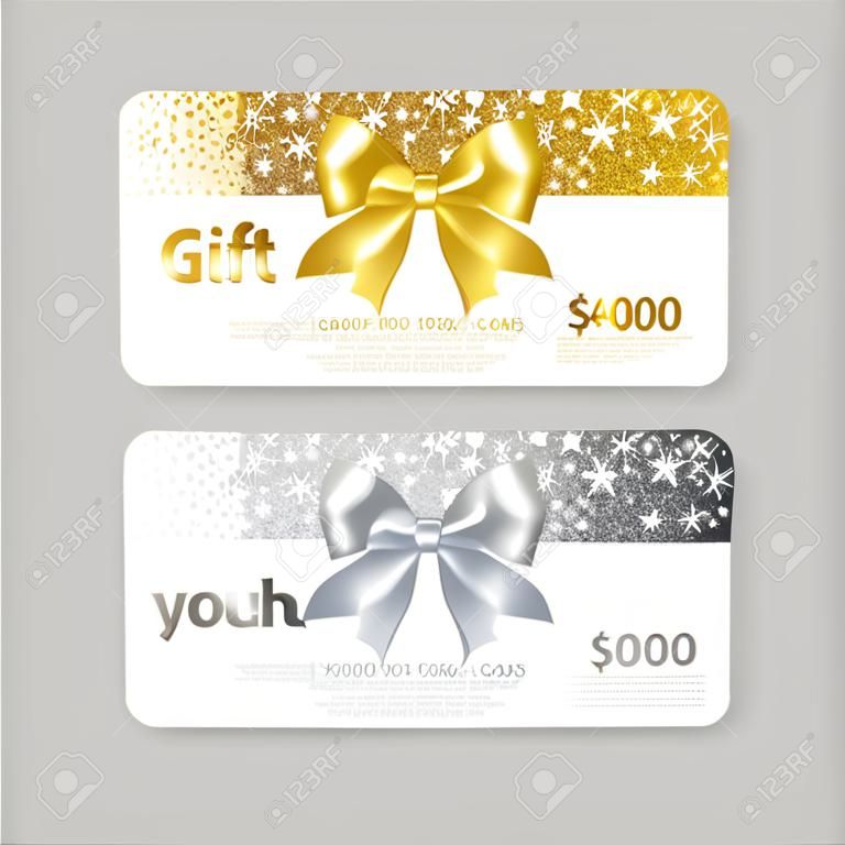 Gift Voucher Design with Glitter Texture of spangle and  Bow. Gift card  Design, Certificate for Shopping.