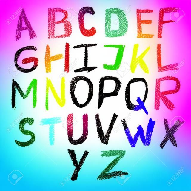 Crayon kids drawn colorful font isolated. Vector illustration