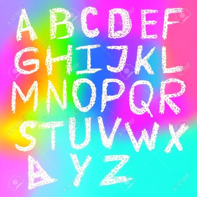 Crayon kinderen getekend kleurrijke lettertype geïsoleerd. Vector illustratie