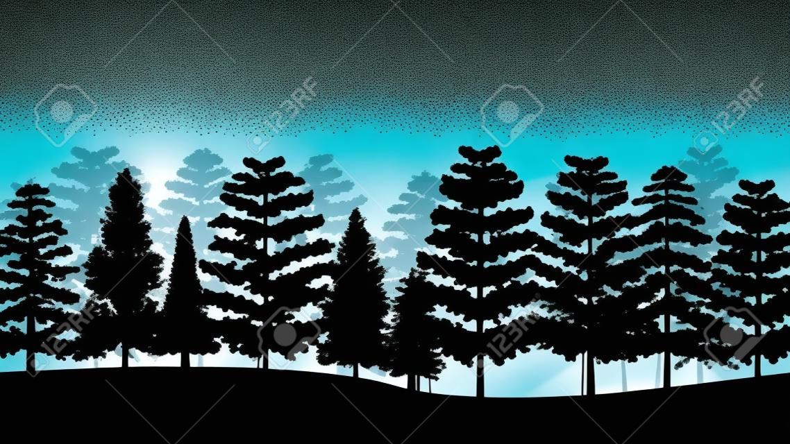 silhuetas de árvores na floresta
